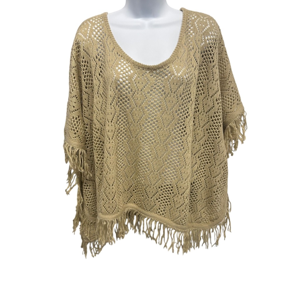 Nella Fantasia Tan Knit‎ Poncho Sweater Fringe V Neck Women L XL*